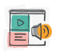 illustration of play button, speaker, and text