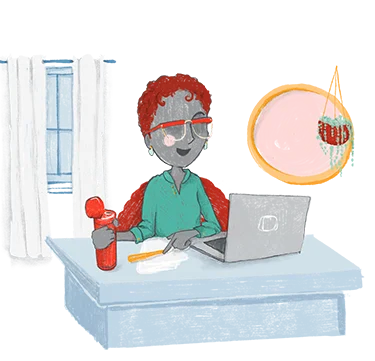 illustration of a woman seated with a laptop