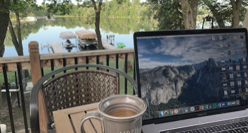 Leigha Jansen working at her lake cabin